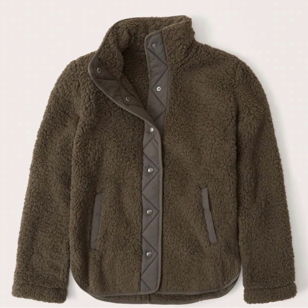 Abercrombie & Fitch Sherpa Nylon Snap Up Jacket, Size Small, Teddy coat, Green